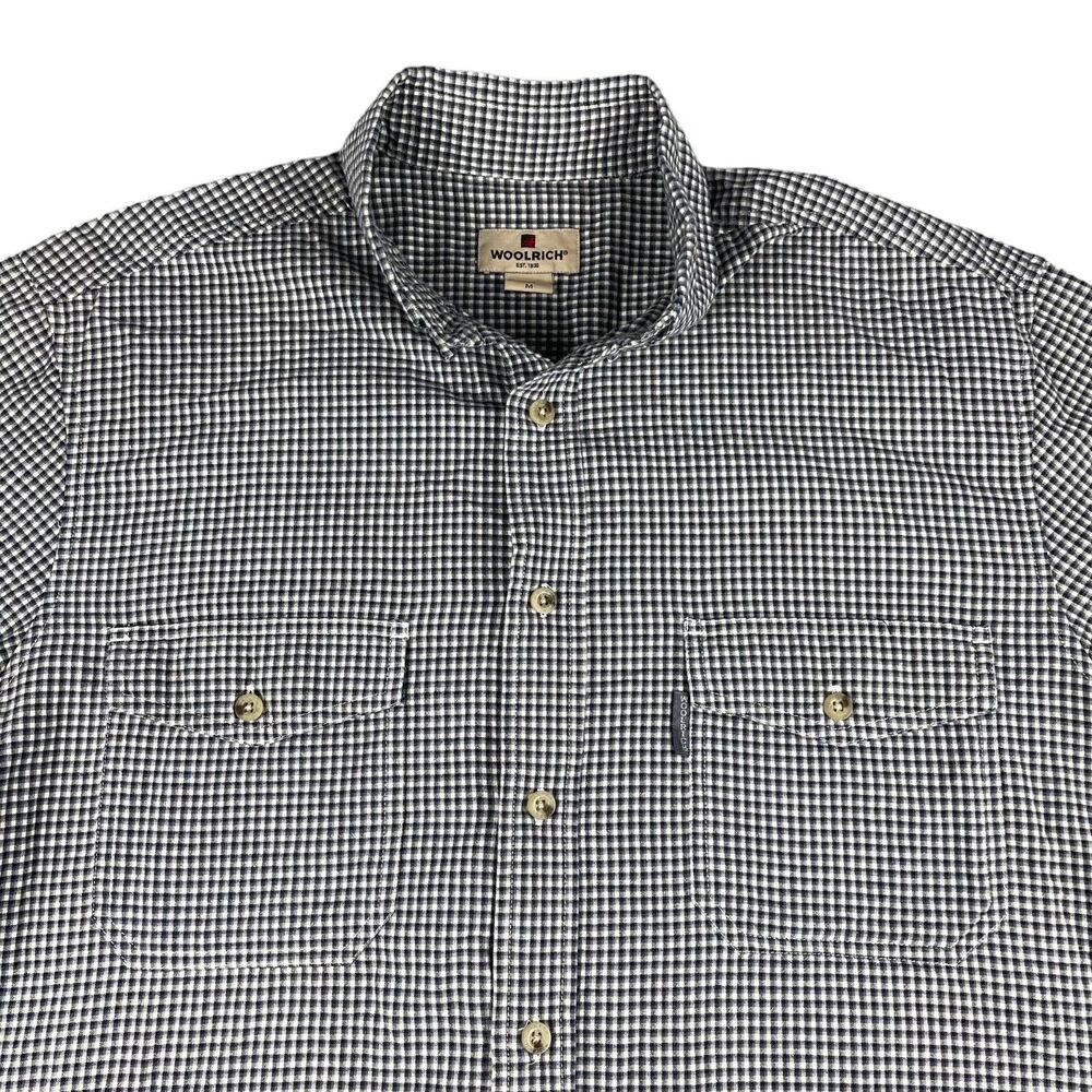Woolrich Shirt Mens Medium Gray Black Short Sleeve Button Up Casual Pocket Check